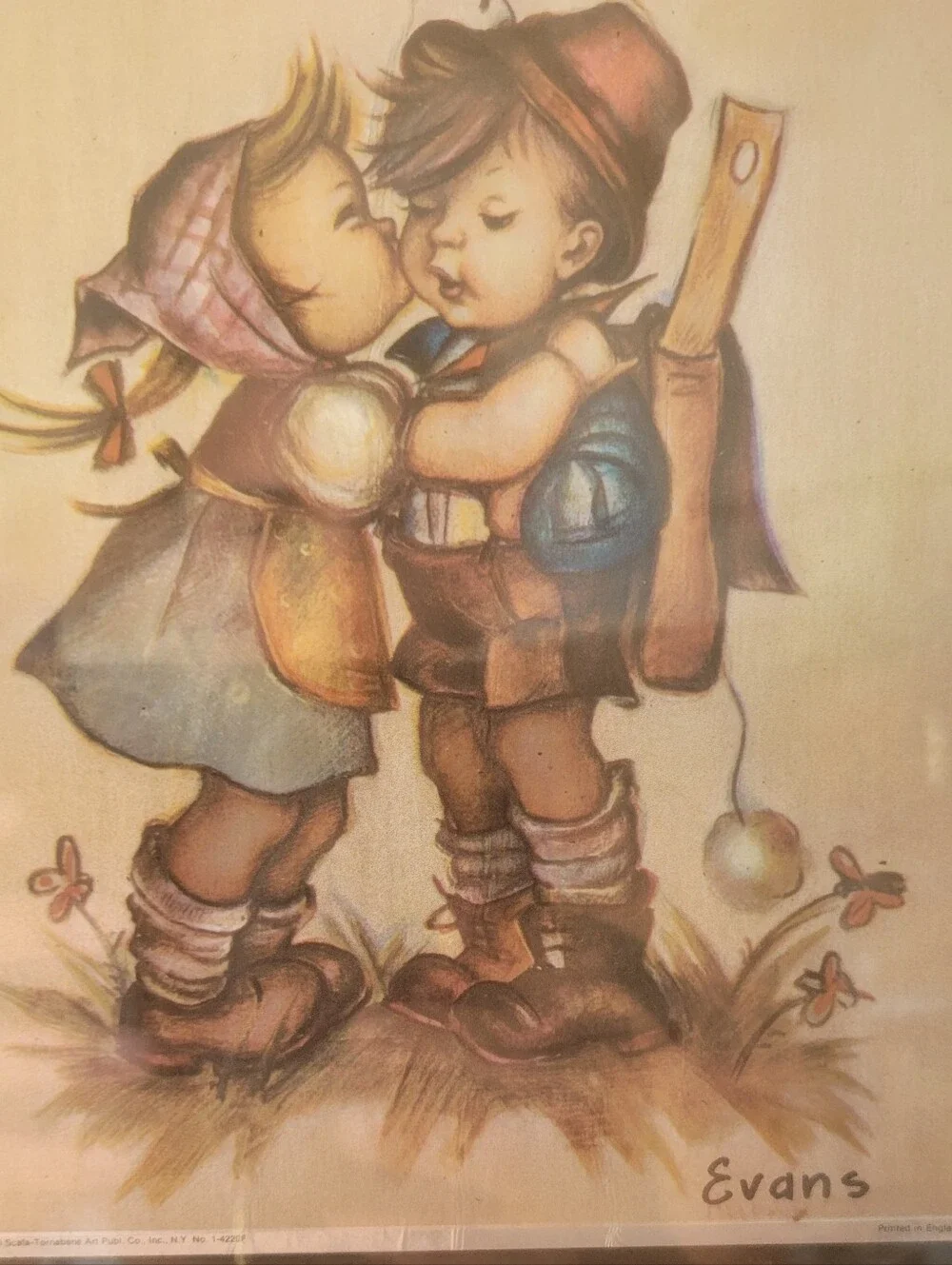 Hummel Lithograph PrintEvans Framed FIRST KISS in Gold and Black